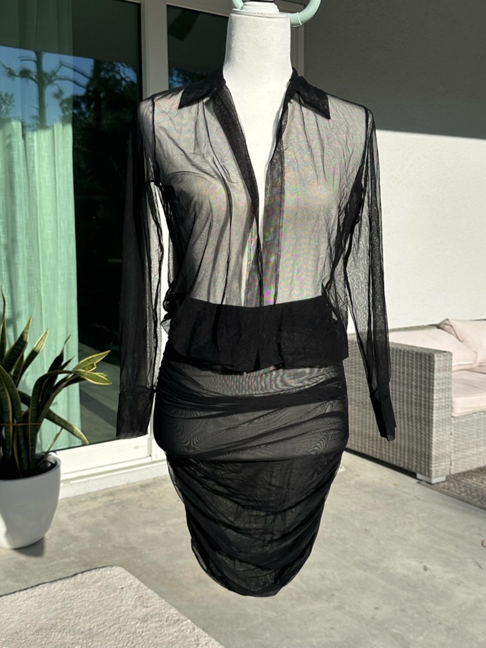 God Save Queens Sheer Black Mesh Mini Dress With Collar and Longsleeves XS